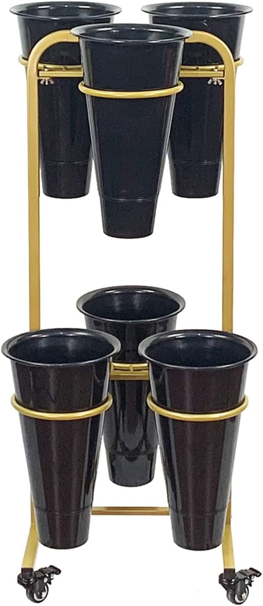 Plant standMetal Plant Stand with Wheels Mobile Flower Cart with 6 Plastic Buckets Flower Rack