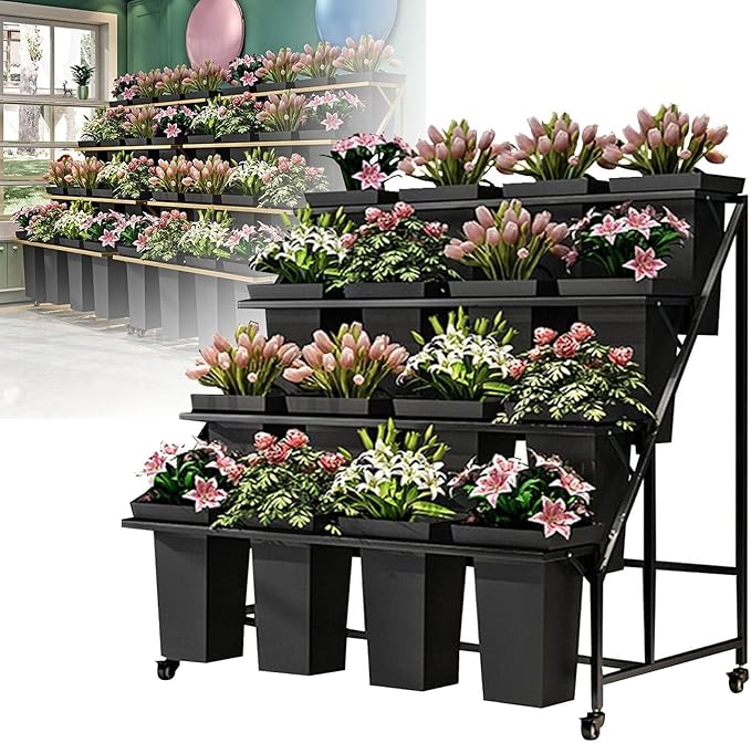 Flower Display Stand, Thickened Iron Florist Flower Display Stand with Wheels and Bucket