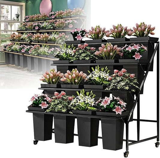 Flower Display Stand, Thickened Iron Florist Flower Display Stand with Wheels and Bucket