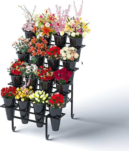 Plantscaping 4 Tier Metal Flower Display Stand with 16pcs Plastic Buckets